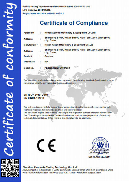 China Henan Ascend Machinery Equipment Co., Ltd. Certificações